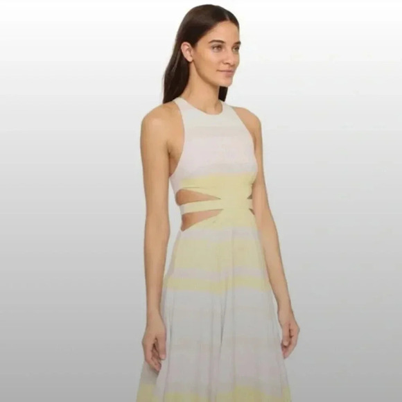 Mara Hoffman Dress Sleeveless Maxi Long Cutout Pastel Striped Yellow Tan Size 10 - Picture 2 of 6